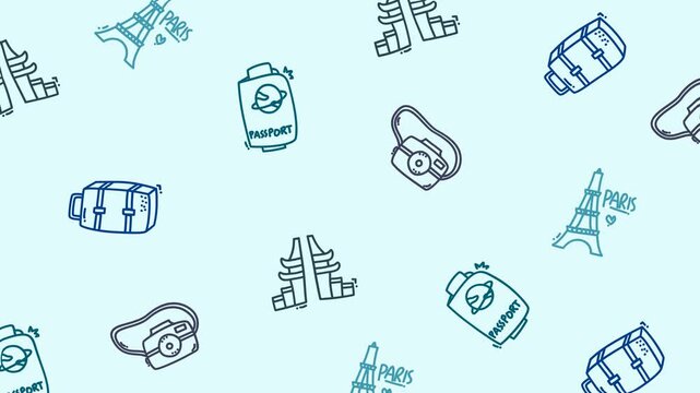 Travel Abroad Seamless Pattern with Passport, Luggage, Camera, and Landmark Icons