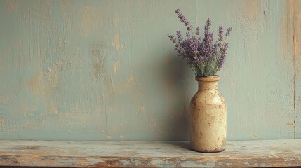 Lavender bouquet in aged vase against a weathered wall