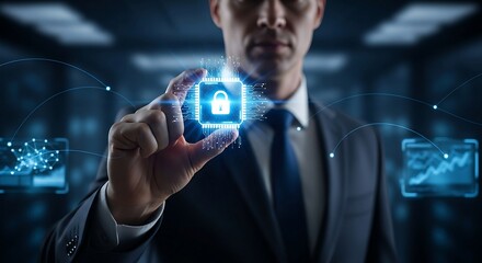 Businessman holding glowing digital padlock representing cybersecurity and data protection.