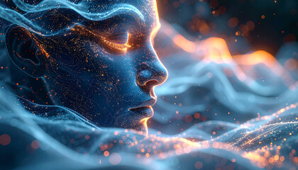 Serene Essence of Being: An ethereal visage emerges amidst flowing energy, capturing the essence of calm and introspection, bathed in a celestial glow.