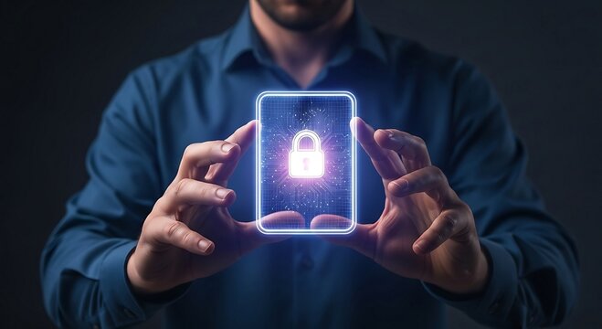 Man holding a glowing smartphone with a padlock icon, symbolizing digital security and data protection.