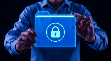 Man holding a glowing blue folder with a padlock icon, symbolizing data security and digital protection.