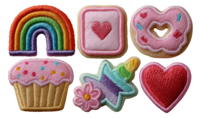 Colorful Embroidered Patches Featuring Cupcake, Donut, Heart, and Rainbow