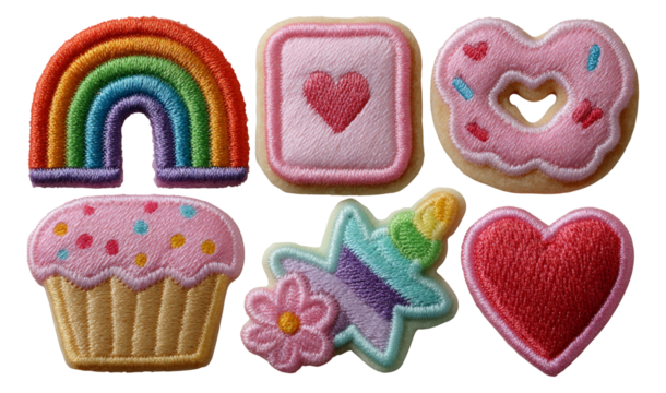 Colorful Embroidered Patches Featuring Cupcake, Donut, Heart, and Rainbow