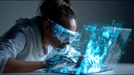 EdTech. Online learning innovation. Education technology. Virtual school creative. Interactive lessons. A person using futuristic technology with digital holograms. - Powered by Adobe