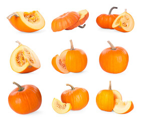 Fresh ripe pumpkins isolated on white, collage. Whole and cut