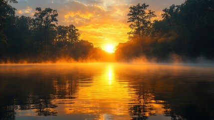 Obraz premium Golden sunrise over a misty river, trees lining the banks