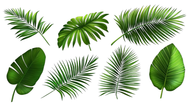 Set of various green tropical palm leaves for nature design