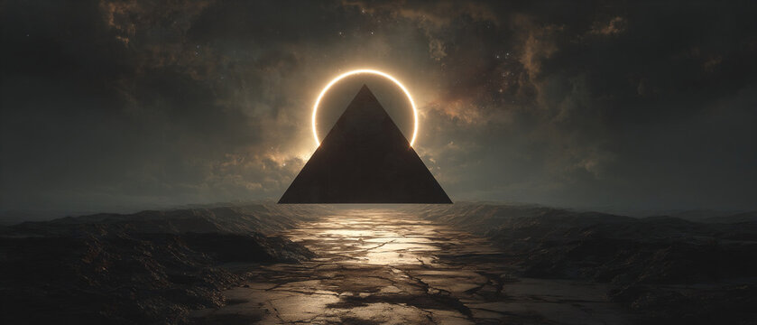 Surreal Horizon With Triangular Pyramid Portal And Halo Ring Over Cracked Desert Landscape