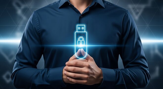 Man holding glowing USB drive, symbolizing data security and digital protection in a futuristic setting.