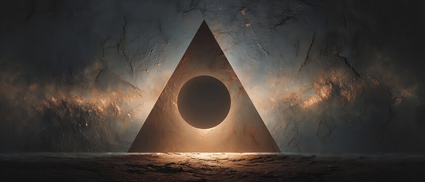 Surreal Triangular Pyramid Portal Emerges From Dark Horizon With Glowing Circular Ring