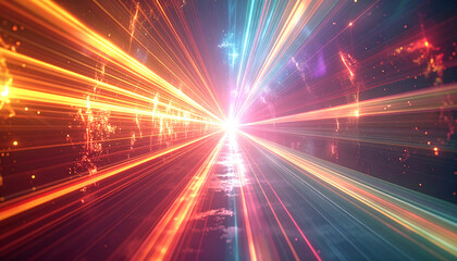 Obraz premium Cosmic Light Tunnel: A mesmerizing tunnel of light stretches into the unknown, with beams of vibrant colors converging toward a central point, symbolizing the vastness of the universe. 