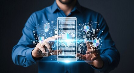 Man holding smartphone with digital security icons and data protection interface.