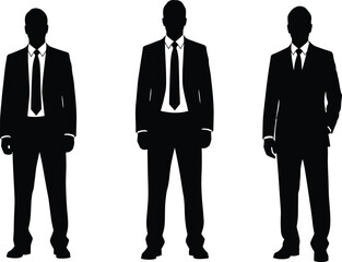 Silhouettes of three confident businessmen in suits and ties, standing in full length, representing corporate leadership, executives, professionalism, success, and formal business attire vector set.