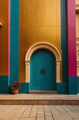 Portrait of colorful door on gold wall background, beautiful architecture aesthetic concept