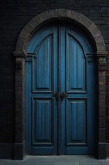 Obraz premium Portrait of blue door on black wall background, beautiful architecture aesthetic concept
