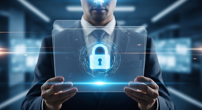 Businessman holding a digital tablet with a glowing padlock icon, representing data security and cyber protection in a modern business environment. - Powered by Adobe