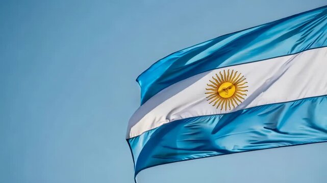 Argentina flag waving in slow motion against a clear blue sky, majestic national symbol for patriotism and independence day celebration - Powered by Adobe