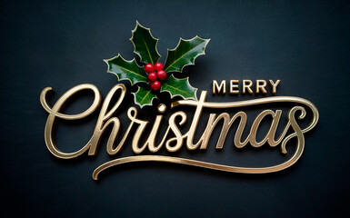 Merry Christmas Gold Holly Dark Navy