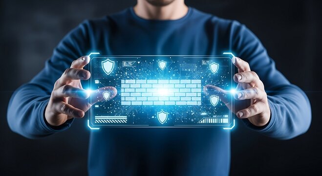 Man holding futuristic transparent screen with digital interface and glowing elements. - Powered by Adobe