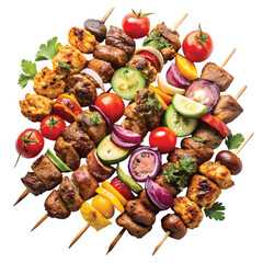 Mixed Kebab Sampler Set: Assorted kebab types arranged side-by-side, chicken, lamb, beef, vegetable skewers, colorful variety, PNG cut out.