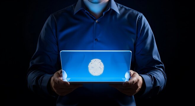 Man holding glowing tablet with fingerprint icon, symbolizing digital security and biometric authentication.