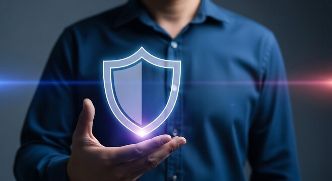 Man holding glowing shield icon representing digital security and data protection.