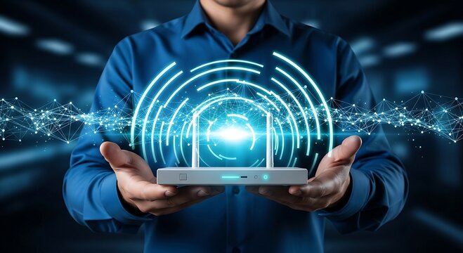 Man holding a tablet with a glowing digital padlock and network security concept.