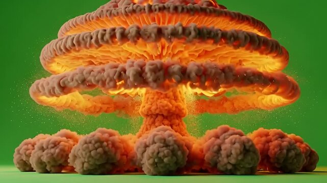 Dynamic atomic explosion animation with vibrant orange flames and billowing smoke against green screen, perfect for visual effects and motion graphics projects
