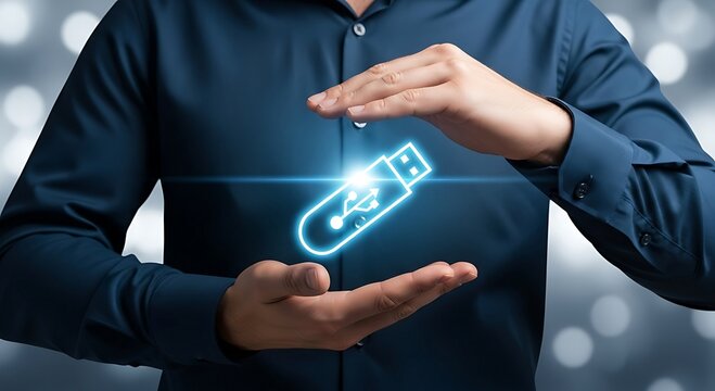 Mans hands protecting a glowing USB drive, symbolizing data security and digital protection.