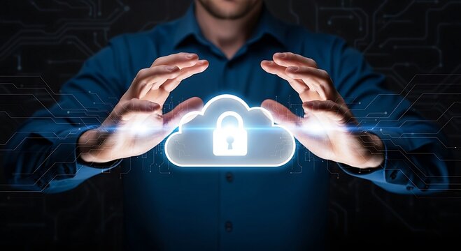 Mans hands protecting a glowing cloud icon with a padlock, symbolizing secure cloud computing and data protection.