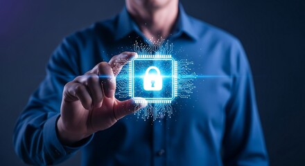 Man Holding Digital Lock Icon Representing Cybersecurity and Data Protection.