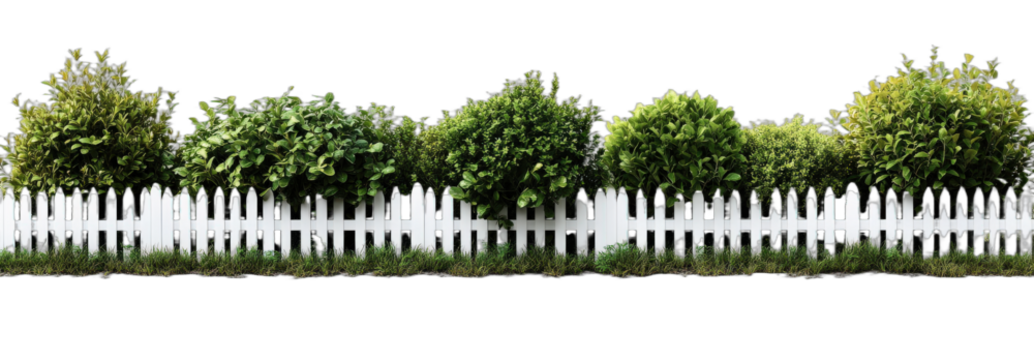 White picket fence with green bushes in front of it