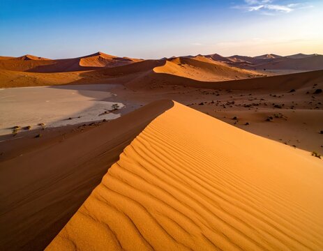 Vast golden desert landscape with rolling sand dunes under a clear blue sky - Powered by Adobe
