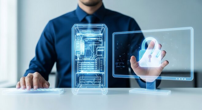 Businessman Interacting with Holographic Server and Cybersecurity Lock.