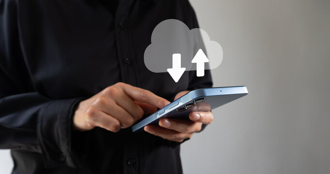 Online security. Woman working on a computer, while protecting a shield with a checkmark with her hands.