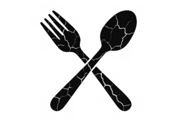 Cracked fork and spoon crossing, symbolizing poverty, hunger, food crisis, economic hardship, and fragility on transparent background