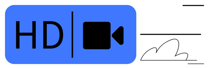 Blue rectangle with HD text and camera, stylized cloud and horizontal lines. Ideal for streaming, recording, resolution quality, multimedia, technology, video editing, digital media simple flat