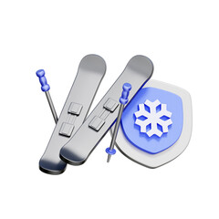 Fototapeta premium 3D icon of skis and poles with a snowflake shield For winter sports travel insurance, ski trip protection, coverage for snow activities, and safe mountain holidays.