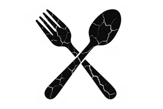 Cracked fork and spoon crossing, symbolizing poverty, hunger, food crisis, economic hardship, and fragility on transparent background