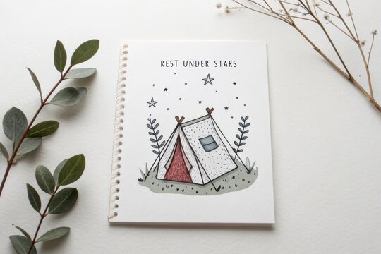 A notebook with tent and stars illustration on white card
