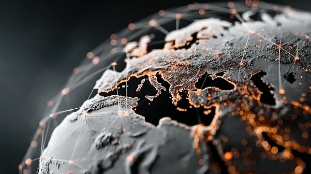 Earth globe with network lines showing Europe and Asia against dark background.