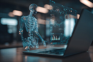 Skeleton interacts with holographic data display in a modern workspace