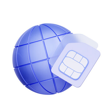 3D icon of a globe with SIM cards For international SIM cards, global roaming services, staying connected while traveling, and travel data plans.