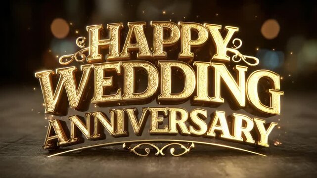 Gold text "Happy Wedding Anniversary" with decorative flourishes
