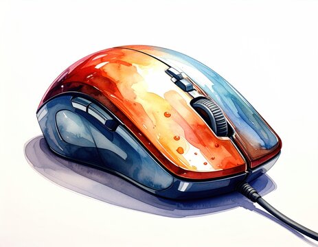 Watercolor depiction of a colorful computer mouse with a wired cable