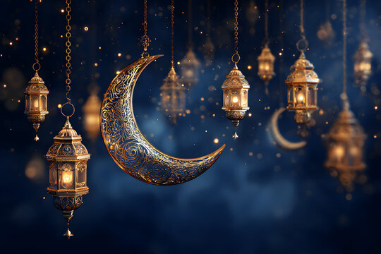 Intricate lanterns and crescent moon hang against a dark blue night sky
