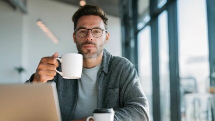 A cheerful bearded man in casual attire sits at a table with a laptop and coffee cup, exuding positivity and productivity. The contemporary cafe setting highlights a relaxed yet professional vibe