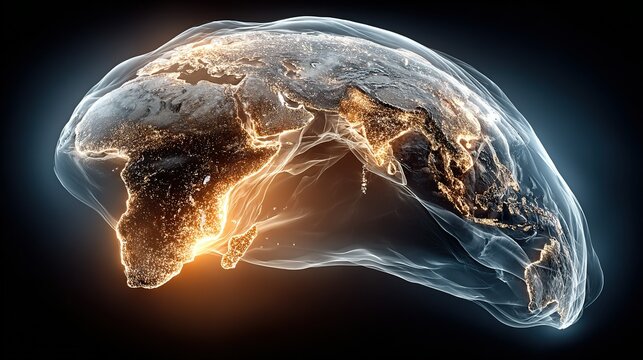 Abstract glowing translucent shape resembling a brain against a dark background.