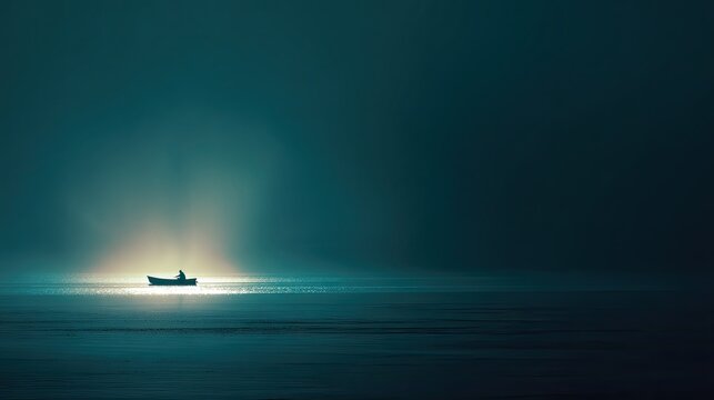 A solitary boat drifts across a serene, misty body of water, illuminated by soft light, creating a tranquil and ethereal atmosphere. - Powered by Adobe